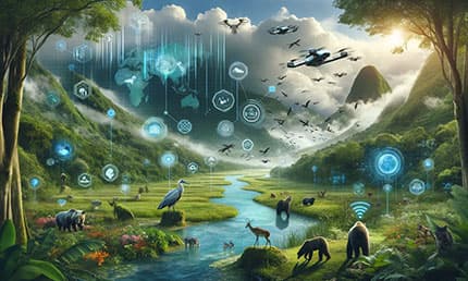 IoT sensors and drones monitoring diverse ecosystems, highlighting the synergy between technology and nature conservation