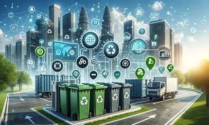 smart waste management and recycling bins in an urban setting, equipped with IoT technology for environmental sustainability